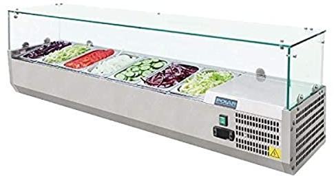 Polar G-Series Countertop Prep Fridge 1500mm, 7x 1/4 GN Pans G609 | Protective built-in glass surround keeps food sanitary, operating at a reliable 2°C to 8°C commercial temperature range.