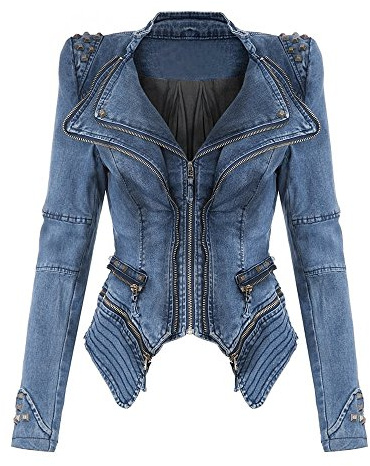 BAINASIQI Damen Vintage Nieten Jeansjacke Spike Punk Bikerjacke Reißverschluss Denim Übergangsjacke Blazer Mäntel (M, Blau)