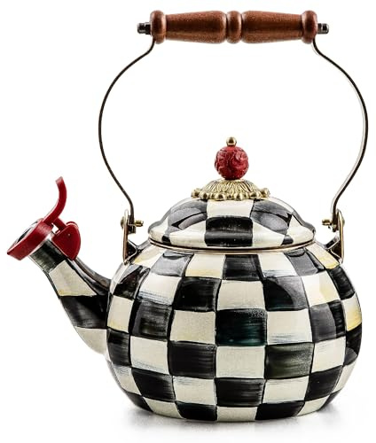 MACKENZIE-CHILDS Enamel Whistling Tea Kettle, Decorative Teapot for Stovetop, Black-and-White Courtly Check