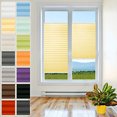 Plissee Rollo zum Anschrauben - TOP QUALITÄT Pearl Stoffkollektion | Rollo Jalousie, Halterungen zum Schrauben | Faltrollo Sichtschutz und Sonnenschutz, Fenster [Gelb, 100 cm x 100 cm]