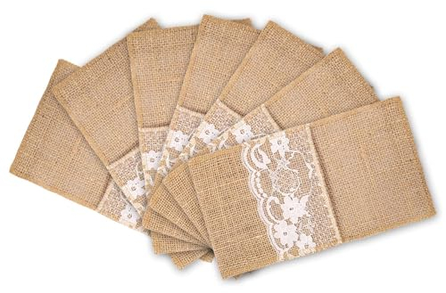 mds 100 Stück Hochzeit Jute 10,2 x 20,3 cm Spitze Utensilienhalter Bestecktasche Tasche Spitze Serviettenhalter für rustikale Hochzeit und Geschirr Dekorationen