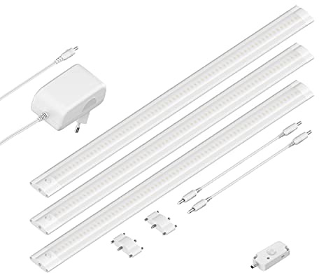 ledscom.de LED Unterbau-Leuchte SIRIS weiß matt mit Bewegungsmelder, flach, je 50cm, je 531lm, warm-weiß, 3er Set