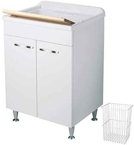 Negrari Classica Lavatoio Montato 60x60 L60 P60 H85 cm Bianco Bagno Cesto Mobile Legno Vasca Polipropilene Asse Pino Piedini Regolabili Cerniere Anta Rallentata Sportello Arrotondato Maniglie Cromate