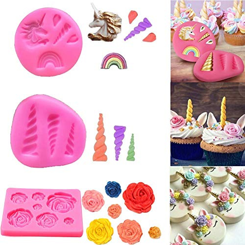 mciskin Kuchendekoration Mini Einhorn Form DIY Kuchen dekorieren Einhorn Hörner Ohren Blumen Einhorn Cupcake Silikon Formen,Cupcake Toppers Fondant Schokoladenform für Einhorn Theme Party（3 Stück