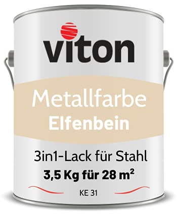 Viton Metallfarbe in Beige - 3,5 Kg Metall-Schutzlack Seidenmatt - Dauerhafter Schutz & hohe Beständigkeit - 3in1 Grundierung & Deckfarbe - Metalllack direkt auf Rost - KE31 - RAL 1015 Hellelfenbein