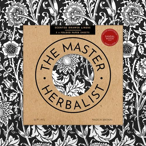 The Master Herbalist Fragrant SANDALWOOD Scented Drawer Liners in a BLACK William Morris Design | Pack of 5 Sheets (FOLDED) | Contains SANDALWOOD Essential Oil | Made in UK|