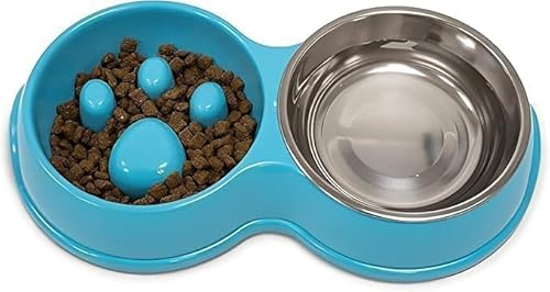 Fur & Bone Double Slow Feeder Dog Bowl | Raised Dog Bowl with Non-Slip Bottom | Food & Water Bowl | Stainless Steel Bowl | Detachable Raised Cat Bowl (Blue)