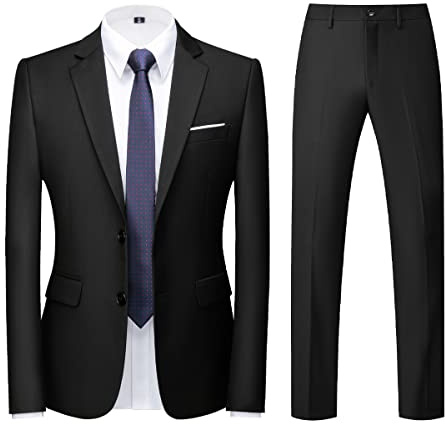 KUDORO Abito da Uomo 2 Pezzi Slim Fit Abito Formale Abiti da Sposa Puro Colore Due Bottoni Abito da Smoking Blazer Pantaloni(Nero,L)