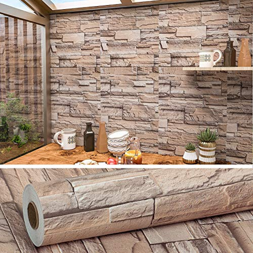 VEELIKE Papel Pintado Piedra 60cm×900cm Papel de Pared Ladrillo Vintage Industrial Papel Autoadhesivo Pared Imitacion Piedra Papel Tapiz Impermeable para Cocina Encimera Papel Adhesivo para Baño Salon