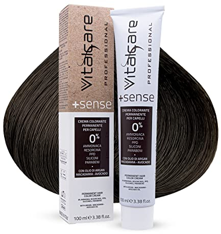 Vitalcare | +Sense - Colorazione Permanente Professionale, Crema Colorante Capelli, Senza Ammoniaca, Resorcina, PPD, Siliconi - Con Olio Di Argan, Macadamia e Avocado, 3/00 Castano Scuro