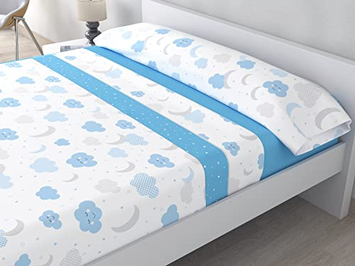 HM'S HOME'SECRET Juego de Sábanas de Verano Microfibra Infantil Modelo Nubes Color Azul. Medidas para Cama de 105 cm (105_x_190/200 cm)