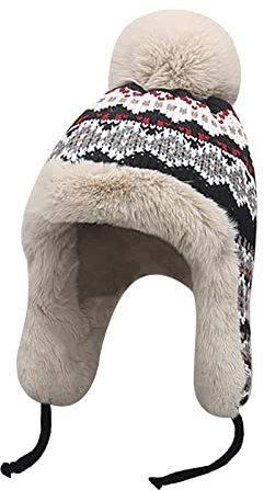 Damen Kunstfell Gefüttert Bombermütze Dicke Blumenstrick Pom Pom Bommel Mütze mit Ohrenklappe Damen Beanie Cap Wintermütze Kappe für Teenager Mädchen, grau, Einheitsgröße