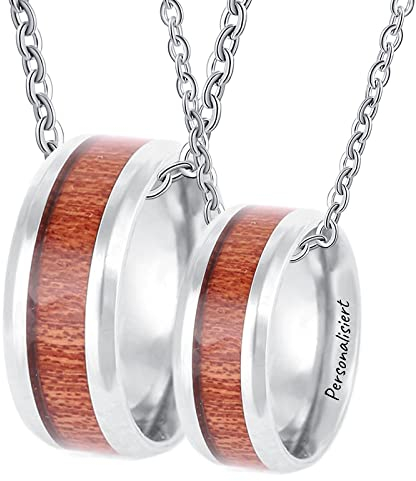 KnSam Partner Ketten mit Gravur Preis für 2, Wolfram Anhänger Ringe 8mm Holz Partner Ketten Ringe Silber, Herrenkette 60cm, Damenkette 50cm, Größe 54 & 62