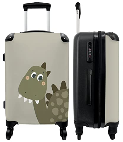 NoBoringSuitcases.com® Kinderkoffer Jungen Reisekoffer mit Rollen Koffer Leicht Geschenk - Dino - Koffer Grün - Grau - 67x43x25cm