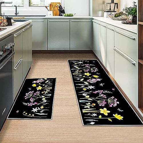 MIQEBX 2 Pcs Kitchen Rugs and Mats,Anti Fatigue Kitchen Rug Sets,Comfort Floor Mats Washable Non Slip Kitchen Rug Runner for Office Sink Laundry (Flowers B, 43x150cm+43x75cm)