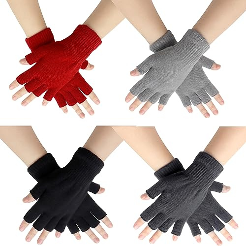 Scettar 4 Paires Demi-Doigts Gants d'Hiver en Tricot pour Hommes et Femmes, Multicolore Gants Extensibles
