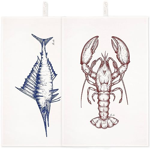 Ligarti® Geschirrtuch Set Halbleinen (Made in EU) I Design Küchenhandtuch 50x70 cm I ÖKO-TEX I Abtrockentücher | Hummer & Schwertfisch