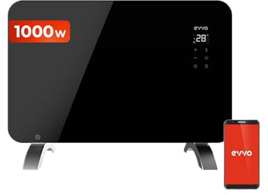 Radiador eléctrico Bajo Consumo EVVO C Cristal Negro 1.000W, Wifi, termostato regulable, Google Home Alexa, Mando a distancia, Temporizador, soporte de pie, Calefactor Baño, Silencioso