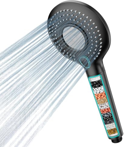 MEKO Duschkopf mit Filter, 1,5 M Schlauch, Hochdruck Handbrause, Schwarz | Sparduschkopf mit 3 Strahlarten; reduziert Restchlor, Bakterien und Schwermetalle bei hartem Wasser
