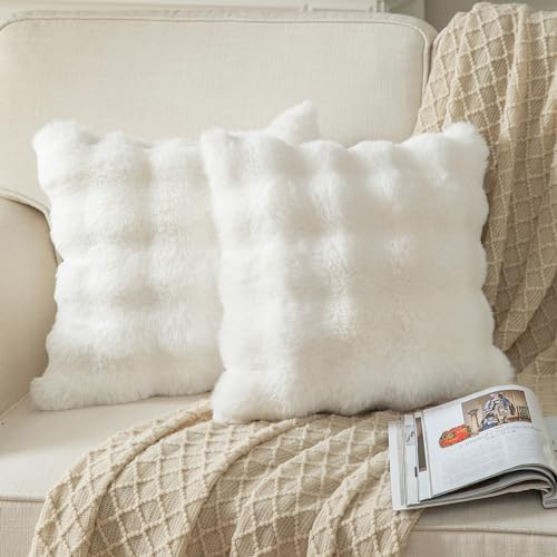 Yaertun Lot de 2 Blanc 65 x 65 cm Housses de Coussin Décorative en Laine Douce épaisse Fausse Fourrure Peluche Taie d'oreiller Moelleux pour Canapé Chambre à Coucher