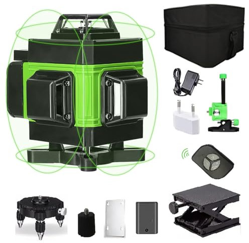 Niveau laser, niveau laser à nivellement vertical à 8 lignes avec 2 piles rechargeables de 2 600 mAh, télécommande, support rotatif et base de levage