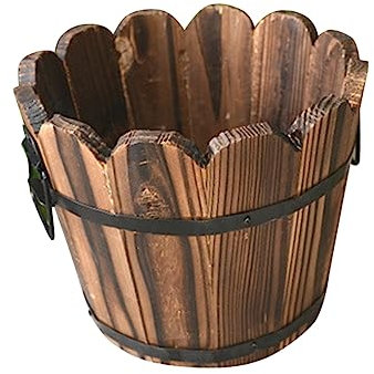 CAXUSD Solid Wood Carbonized Succulents Plant Pot Retro Small Wooden Barrel Flower Pot for Desktop Decoration Brown Wave Mouth 12x10x9cm