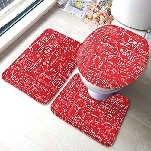 rutschfeste 3 Badteppich Set Weihnachten, Wörter, Und, Holly, Seamless, Roter Hintergrund rutschfeste Fußmatte Set Weiche Dekorative Badezimmer Set, Für Wohnzimmer, Wc-Sitz Bezug