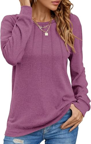 Tanmolo Damen Pullover Lässig Langarmshirt Elegant Herbst Winter Rundhals Sweatshirt Langarm Shirts Loose Plissee Oberteile Hellviolett M