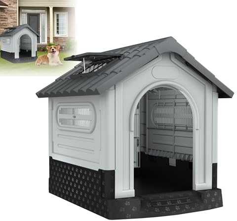 XMTECH Caseta para perros de plástico, resistente al agua y a los rayos UV, con suelo elevado, orificios de ventilación, tragaluz, color gris (79,5 x 70,5 x 78 cm)