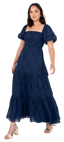 Lovedrobe Women's Maxi Dress Ladies Square Neckline Puff Sleeve Tiered Hem Floral Chiffon Shirred A-line Tie Back Milkmaid, Navy Blue 18
