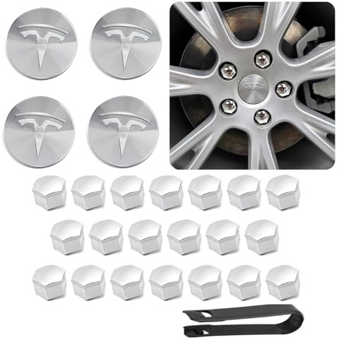 7ffeiLL Silberfarben Radkappen-Set für Tesla Model 3 Model Y, 4 Nabenkappen, 20 Radmutterabdeckungen