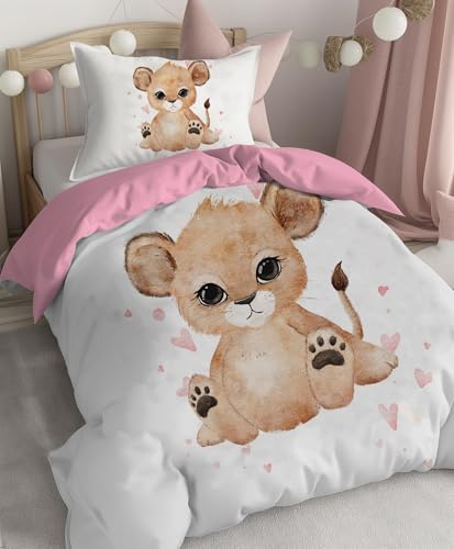 Pictogogo Baby Bettwäsche Set, Kinderbettwäsche, Löwe und Herzen Design, 100x135 cm Bettdecke, 40x60 cm Kissenbezug, Rosa Baumwoll-Unterseite, Für Babys und Kleinkinder
