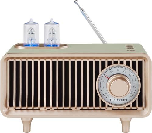 Crosley Milton FM-Radio Tragbarer Bluetooth-Lautsprecher mit 20H+ Spielzeit - Retro kabelloser Kleiner Reiselautsprecher mit Wiedergabe, LED-Leuchten, AUX-Eingang, Micro-USB-Kabel, wiederaufladbare