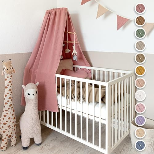 lilimaus Betthimmel Babybett mit Goldapplikationen [in 12 Farben] Himmel Babybett aus 100% Baumwolle Musselin - Betthimmel Mädchen & Jungen - Himmelbett Kinderzimmer & Babyzimmer Deko - Baby Bett