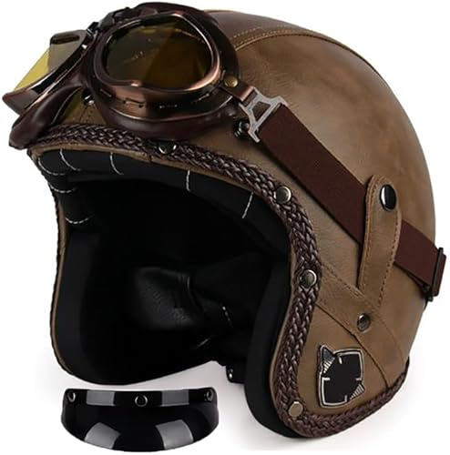 Vintage Casco Moto Jet Casco Scooter Ciclomotore Retrò Moto Mezzo Casco In Pelle 3/4 Con Occhiali Casco Aperto Per Donna E Uomo Adulto Caschi Cromwell Omologato DOT/ECE