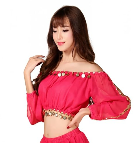 SamHeng Donne Top per Danza del Ventre, Monete Brillanti Maniche Lunghe Crop Top per Danza Tribale con Pizzo e Scollo Spalle Scoperte Abbigliamento per Spettacoli Festival e Carnevale‌, Rosa Accesso‌