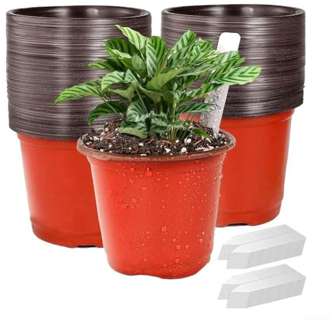 Lot de 100 pots de pépinière de 10,2 cm avec étiquettes pour plantes – Conteneurs en plastique pour jardinage intérieur et extérieur – 8 trous de drainage pour une croissance saine des racines