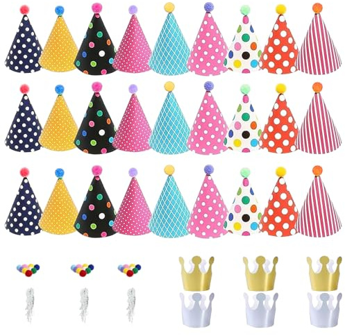 Sdhgerh 33 Stück Mini Partyhüte Geburtstag Party DIY Bunte Partyhut mit Pompoms und Geburtstag Krone Set Geburtstagshüte Papierhüte für Kuscheltiere Jungen und Mädchen Erwachsene Geburtstag Party Deko