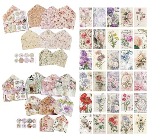 92 Pieces Mini Stationery Paper Envelopes and Sealing Sticker Set | 60 Writing Flower Scrapbook Papers with 16 Matching Envelopes and 16 Round Seal Sticker