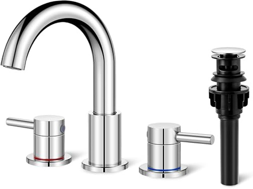 IUERASD Bathroom Faucet 3 Hole, Chrome Bathroom Sink Faucet with Pop Up Drain, 8 inch Widespread Bathroom Faucet with 360° Swivel Spout, 2 Handle Vanity Faucet with Water Supply Hoses
