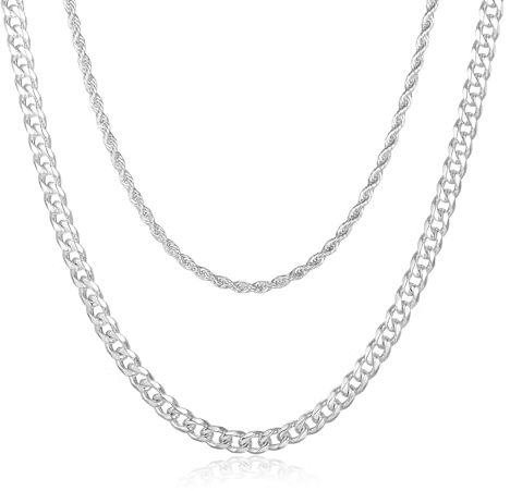 2 Stücke Herren Halskette Kette Silber - Silber Beschichtung kette Set 51cm Länge Kordelkette und 55cm Länge Panzerkette, Solide Silberkette für Männer Schmuck Geschenke für Geburtstags Weihnachten