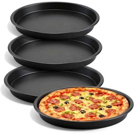 Juego de 4 bandejas para pizza, 4 unidades, diámetro 6/7/8/9 en acero al carbono, molde redondo para pizza, molde para pizza de acero al carbono para pizza, tartas y tartas flameadas, calor uniforme y