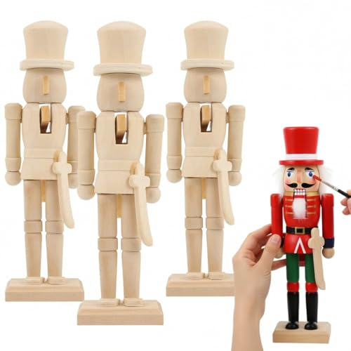 Veemoon 3 Stück Unlackierte Holz Nussknacker Figuren Unvollendete Walnuss Soldaten Puppen DIY Weihnachtsdekoration Kreatives Bastelspiel für Festliche Wohnraumgestaltung