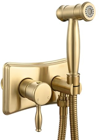 FQYEP Set Miscelatore per Bidet da Parete per Wc con Doccetta Incorporato Acqua Calda E Fredda,Oro Spazzolato
