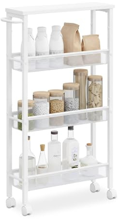 Relaxdays Nischenwagen, HxBxT: 77 x 13x 45,5 cm, schmales Nischenregal Bad & Küche, 4 Ebenen, Rollregal Metall, weiß
