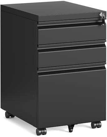 SONGMICS Aktenschrank mit 3 Schubladen, Rollcontainer, Stahl, abschließbar | Metallschrank, Druckerständer, 39 x 50 x 62 cm, für Homeoffice, Büro, mattschwarz, BEREND Kollektion OFC033B101