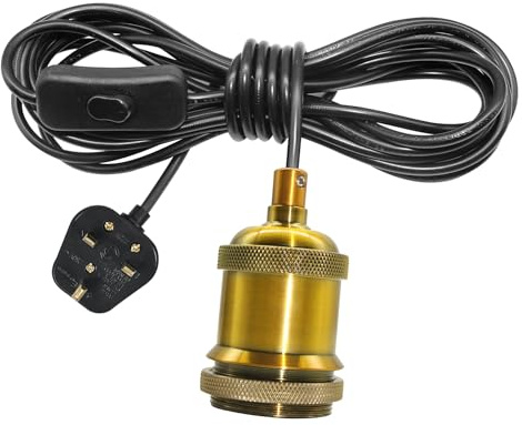 ZRLXFM Plug in Pendant Light Cord, Metal E27 Lamp Holder with 5-Meter Power Cord and Switch Plug, Antique Copper Hanging Lamp with Threaded Ring for DIY Lampshade