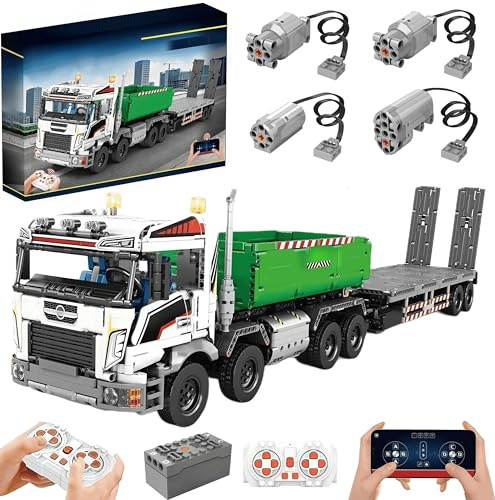 MOCSETS Technik LKW mit Anhänger, Mit 4Motoren Set, Klemmbausteine Technik Kipper LKW mit Tieflader, Modellbausatz aus 2950+ Teile (Mit Originalkarton)