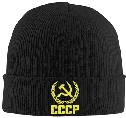Winter Warmth,CCCP USSR Russian Knit Hat Hammer and Sickle Communism Casual Caps Men Women Hippie Beanie Hats Printed Head Wrap Bonnet Hats Black