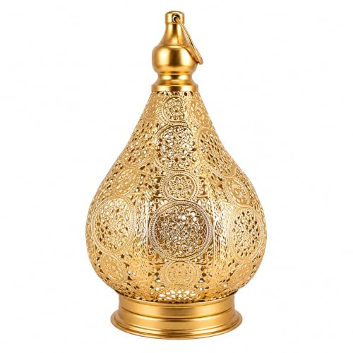 JHY DESIGN Gold Moroccan Battery Operated Lantern, 29.5 cm Warm White Light